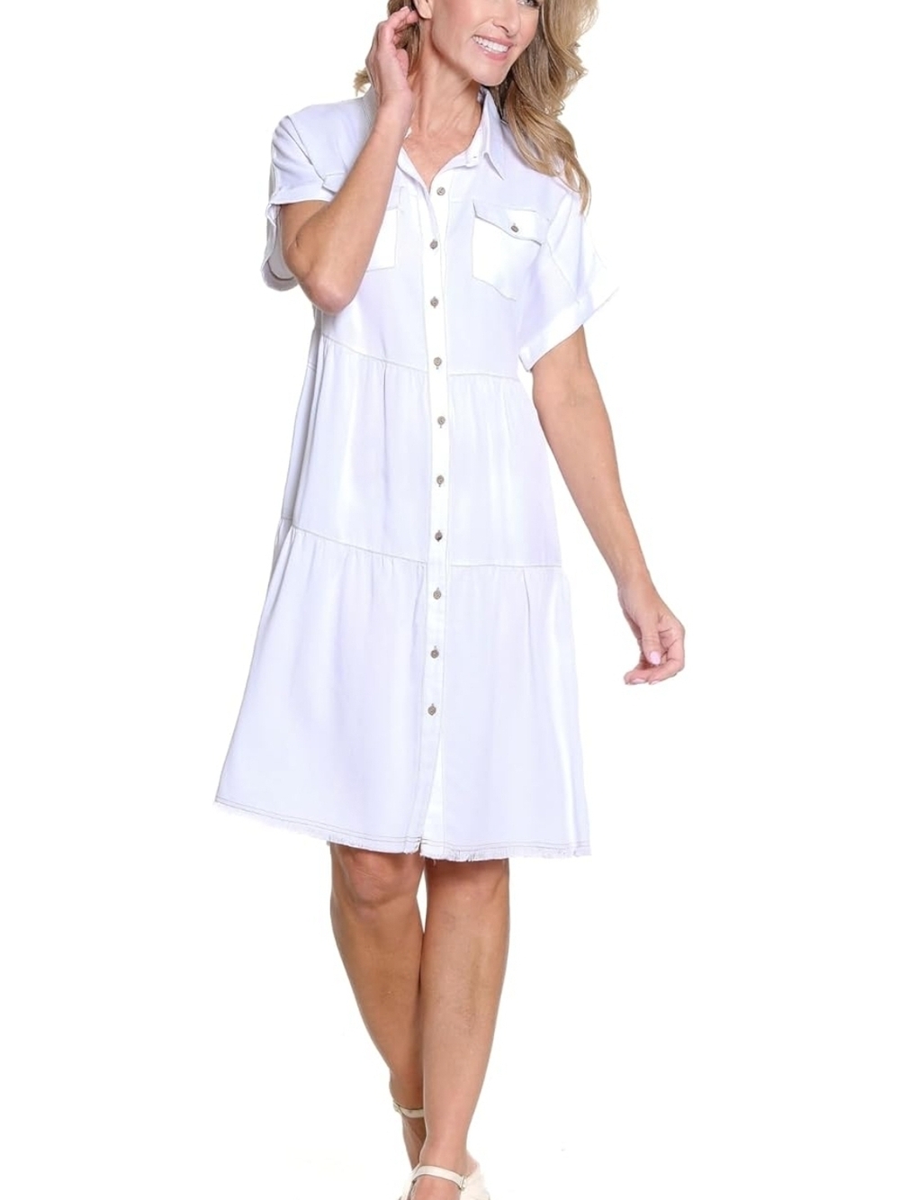 MULTIPLES PS Women's Cuffed Cap Sleeve Dolman 2-Pocket Tiered Shirtdress